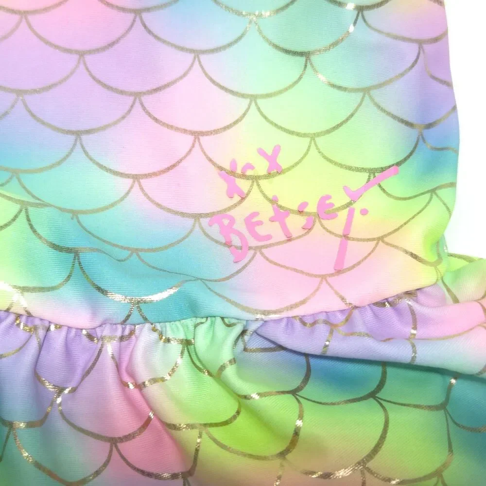 Betsey Johnson Girls Mermaid Swimsuit S 7/8 Rainbow Scale Ruffle Shells Pilling